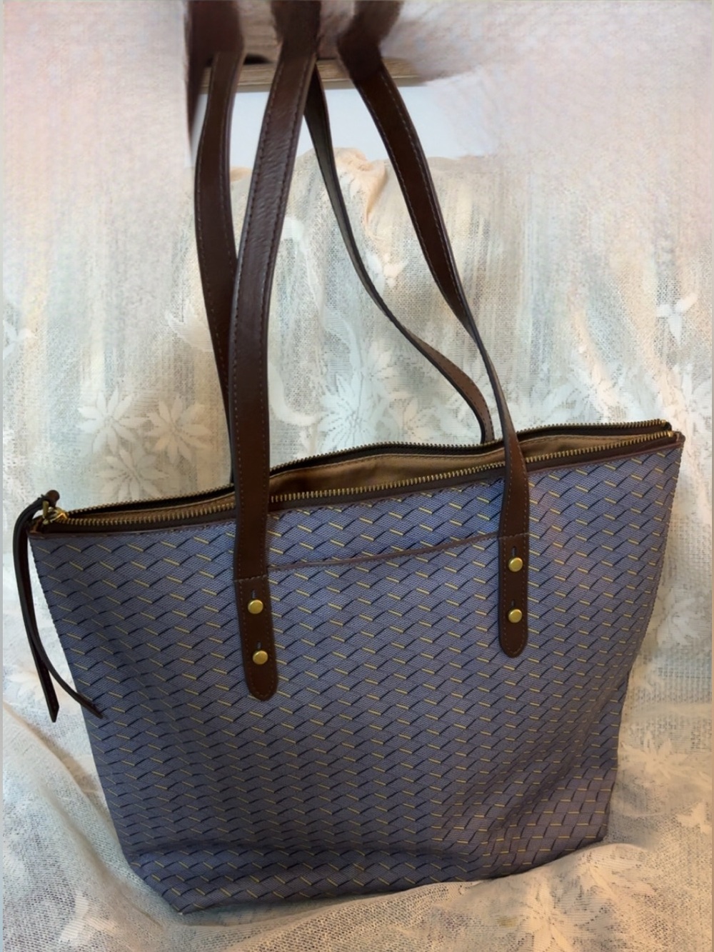 FOSSIL Woven Blue Tote Bag with Brown Straps